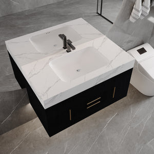 English Elm 39.4 Inch Floating Bathroom Vanity Sintered Stone Top Solid Wood 2 Soft Close Drawers W3136S00081