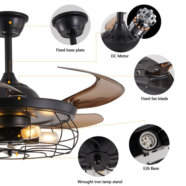 English Elm 48" Industrial Black Ceiling Fan Light with 4-Blade Cage, Remote, Silent DC Motor, Reversible Speed W2312P374994