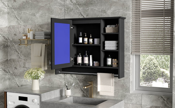 English Elm 3-in-1 Wall Mounted Medicine Cabinet with Soft Close Door Towel Bar and Vanity Mirror Black N710P358618B