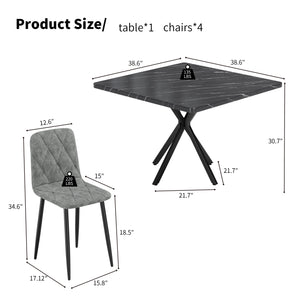 English Elm Square MDF Dining Set for 4 with Faux Marble Top, Mid-Century Modern Iron Legs, Easy-Clean Surface Black+Grey W578S00026
