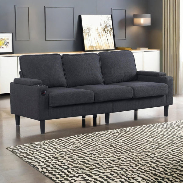 English Elm dark grey upgraded 3-seat combo sofa with storage ottoman, armrest pockets, USB ports, compact L-shape bench W2603P169692