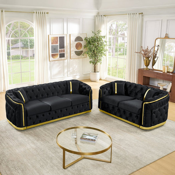 English Elm 2 Piece Velvet Chesterfield Sofa Set with Gold Steel Trim Button Tufted Living Room Couch Black W1191S00099