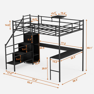 English Elm Full Metal Loft Bed with L-Shaped Desk, RGB LED Lights, Charging Cradle, Wardrobe & Drawers Black W1162S00014