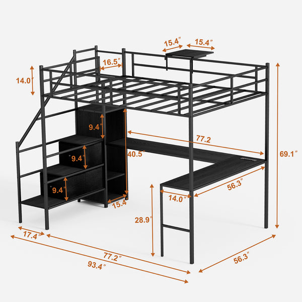 English Elm Full Metal Loft Bed with L-Shaped Desk, RGB LED Lights, Charging Cradle, Wardrobe & Drawers Black W1162S00014