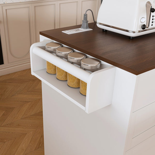 English Elm 74.8" Rolling Kitchen Island Extendable Marble Veneer Top with Power Outlet and Storage W2700S00105