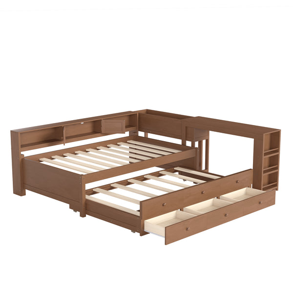 English Elm Twin Daybed Pine Frame with Trundle Desk Hutch Shelves and Storage for Kids Rooms Brown W1580S00459