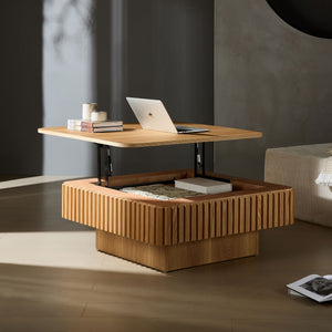 English Elm 35.43 Inch Square Lift Top Coffee Table Wood Veneer Hidden Storage Modern Living Room Natural Ash W2582P401466