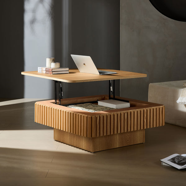 English Elm 35.43 Inch Square Lift Top Coffee Table Wood Veneer Hidden Storage Modern Living Room Natural Ash W2582P401466
