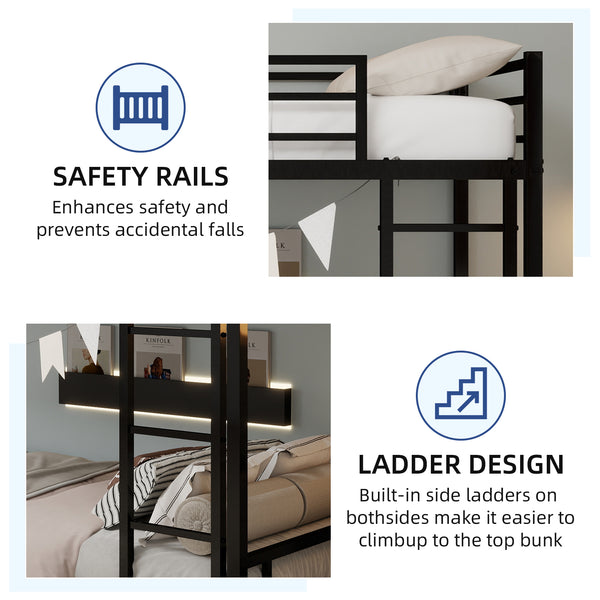 English Elm Metal Twin Over Twin Bunk Bed Heavy-Duty Sturdy Steel Frame with Noise-Reducing Slats & Guardrail Black W1935P235012