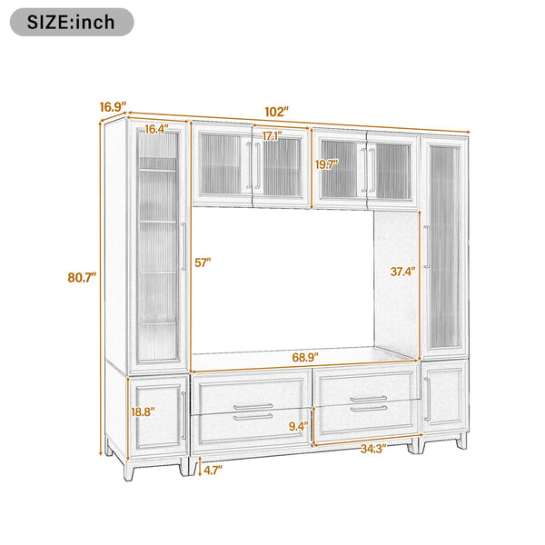 English Elm Vibe Haus Fluted Glass Wall Unit Tall Mdf Entertainment Console for Living Room N893S000011B