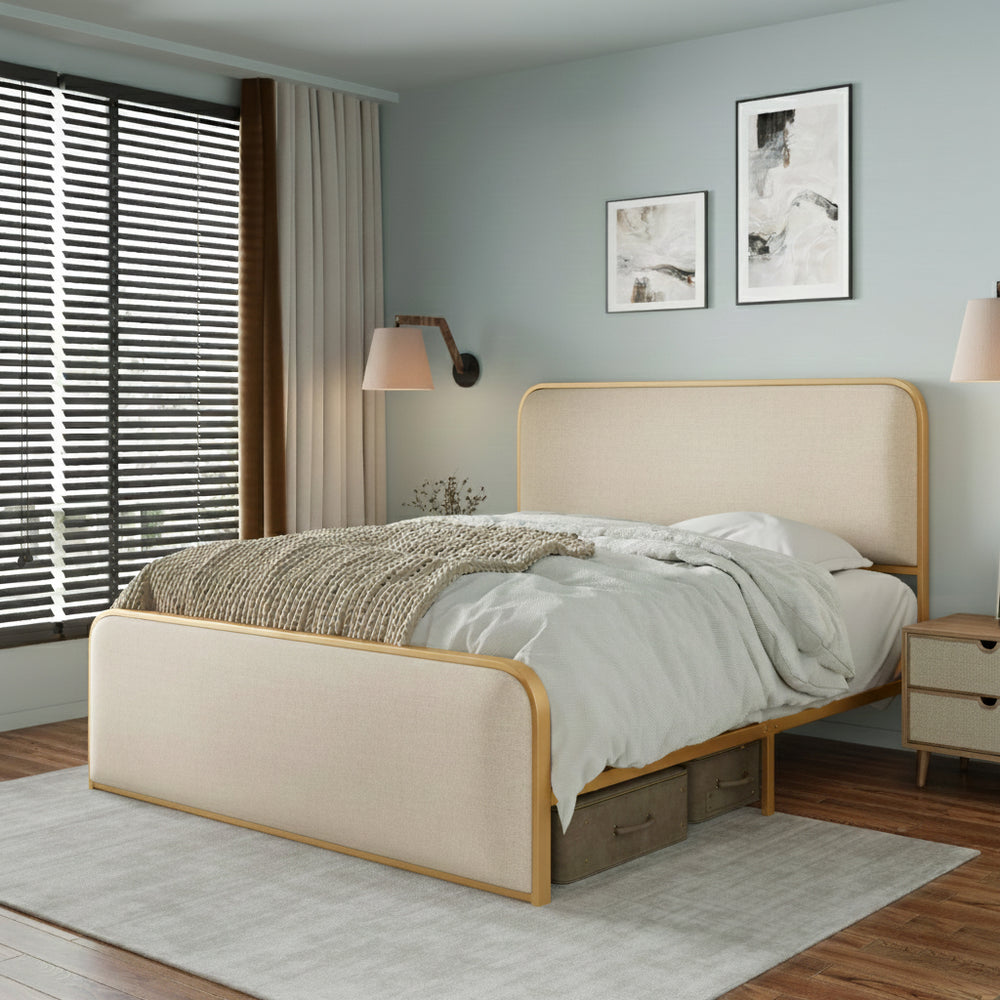 English Elm Gold Toned Queen Platform Bed Beige Linen Curved Headboard Footboard Under Storage N701P229014C