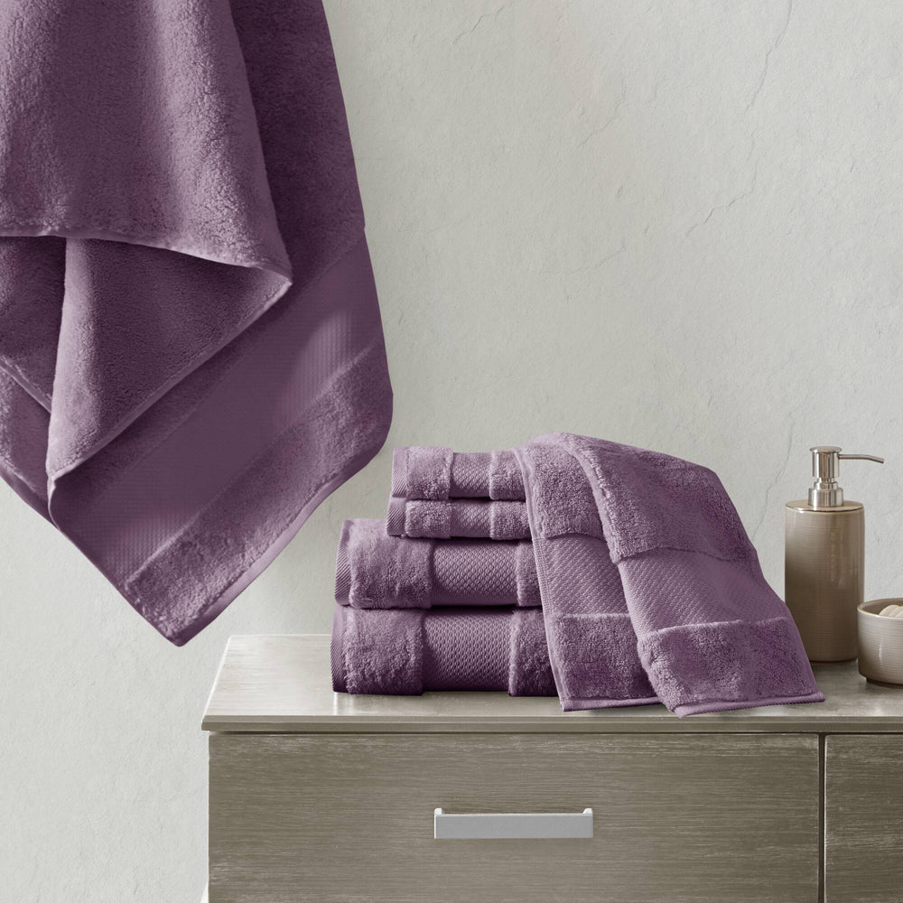 JLA Home Madison Park Signature - Cotton Turkish 6-Piece Bath Towel Set — Oversized 600 GSM Plush Towels with Dobby Border, OEKO-TEX Certified Purple MPS73-467