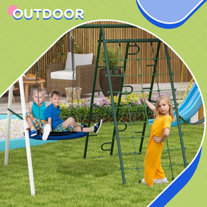 English Elm Outsunny Heavy Duty Steel Backyard Playset with Saucer Swing Slide and Climbing Net W2225P217339