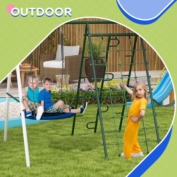 English Elm Outsunny Heavy Duty Steel Backyard Playset with Saucer Swing Slide and Climbing Net W2225P217339