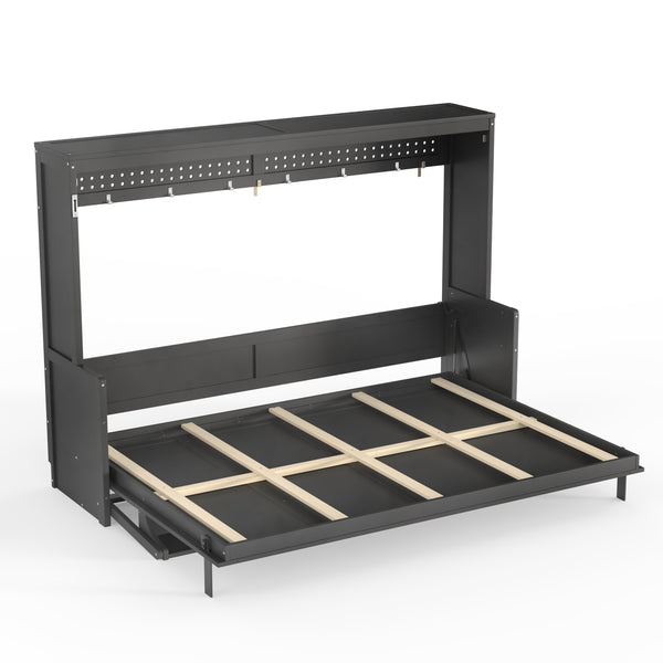 English Elm Queen Murphy Bed with Fold Down Desk Led Lighting and Usb Port for Home Office Dark Gray W1580S00457
