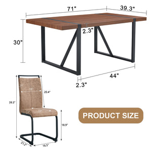 English Elm Table Set – Industrial Walnut Dining Table With 8 Brown Tech Fabric Chairs & Black Metal Legs, 71"X39" W1151S02440-GIGA