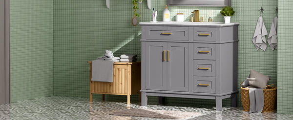 English Elm 36" Gray Modern Bathroom Vanity with Ceramic Sink, Solid Wood Frame, Soft-Close Doors & 4 Drawers N729P253935E