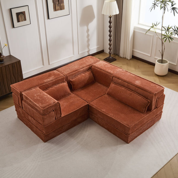 English Elm Compression Modular Sofa Bed - Oversized Convertible Sectional With Plush Fleece & 3 Pillows, Orange W3723S00018