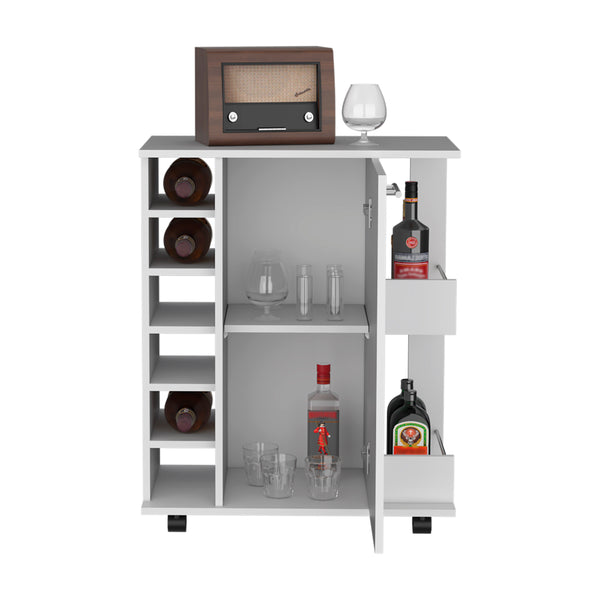 English Elm Lothian White Bar Cart with Casters, Hidden Cabinet, 2 Side Shelves & 6-Bottle Wine Rack Durable Engineered Wood B200P188869