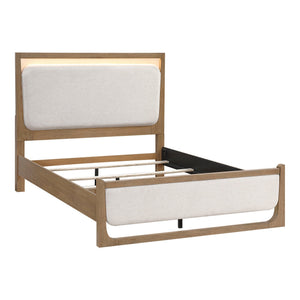 English Elm 1pc Modern Upholstered Queen Bed with Hickory Veneer, Touch LED Headboard, Plush Contemporary Design Light Brown 67.5 L x 39.5 W x 5.5 H B011S01821