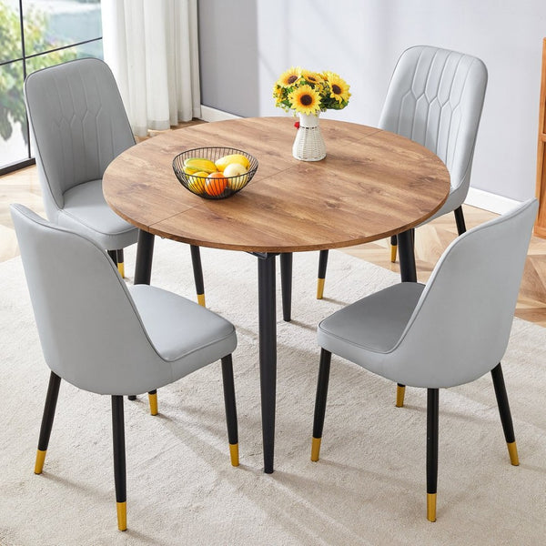 English Elm Table Expandable Dining Set – Modern Round-To-Oval Wood Mdf Table With 4 Pu Cushion Chairs & Metal Legs W1151S03936-GIGA