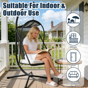 English Elm Hanging Egg Chair with Freestanding Steel Stand Rattan Cocoon Seat for Patio Balcony Black+Gery T5880P494887