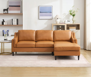 English Elm 94.5-Inch L-Shaped Genuine Leather Sectional Sofa With Right Chaise Lounge - Modern Tan Comfort W791S00021