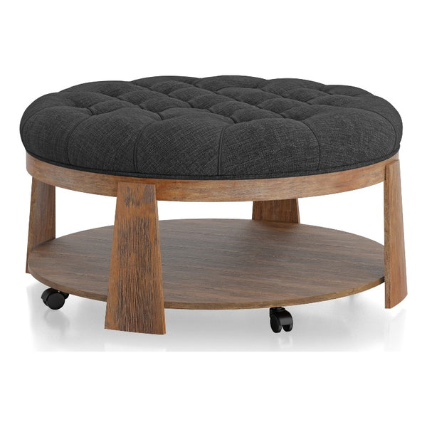 English Elm Wire-brushed Rustic Ottoman with Deep Button Tufting, Padded Linen-Like Seat & Open Shelf, 40¾" DIA Dark Gray 44 L x 44 W x 10 H B011P184967