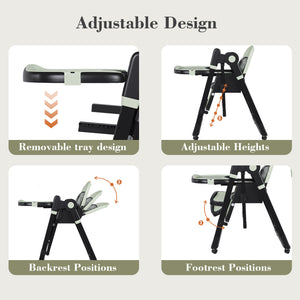 English Elm Convertible Baby High Chair to Rocker with 5-Point Harness, Foldable Feeding Seat, Quiet Wheels, Easy-Clean Tray and Adjustable Recline for Infants and Toddlers Dark Green W2699P371975