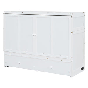 English Elm Queen Murphy Wall Bed with Pull Out Drawer and Built in Usb Charging Cabinet White N708P205905K
