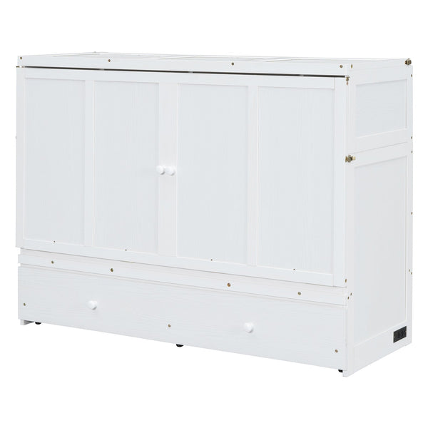 English Elm Queen Murphy Wall Bed with Pull Out Drawer and Built in Usb Charging Cabinet White N708P205905K