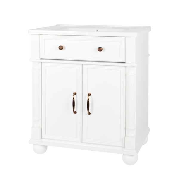 English Elm 27.8" Mid-century Freestanding Bathroom Vanity with Ceramic Sink Drawer and Wood Base White W1801S00006