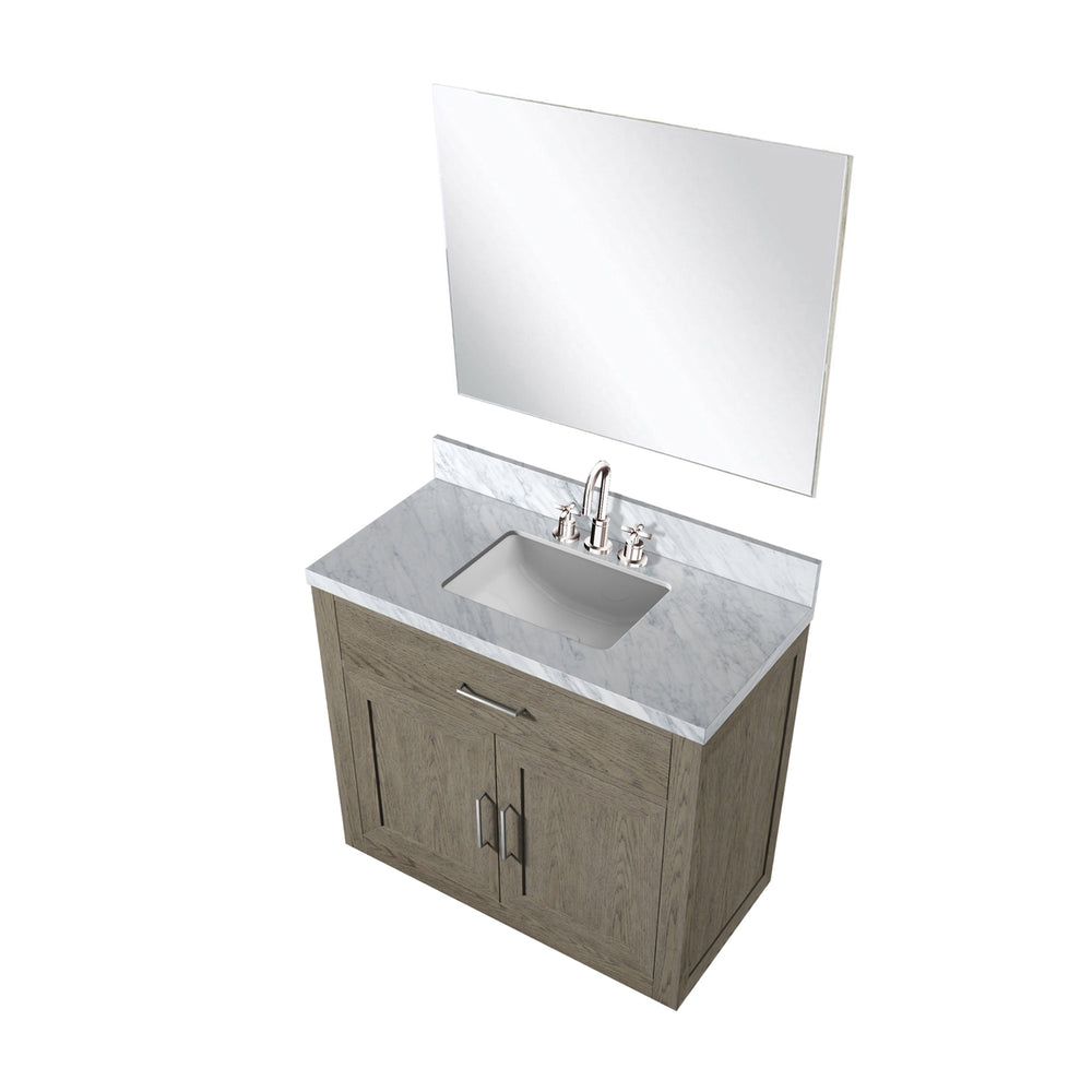 English Elm Grey Oak Single Bath Vanity Set With Carrara Marble Top, Mirror & Faucet - Modern Elegance Redefined! B2731S01955