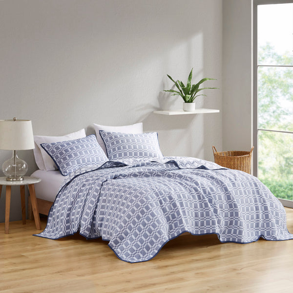 JLA Home Madison Park - 3 Piece Reversible Matelasse Coverlet Set – Lightweight Checked Texture, Machine Washable, Year-Round Layering Indigo MP13-8310