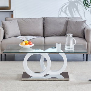 English Elm Contemporary Glass Top Coffee Table with Dual Circle White Mdf Base for Living Room W3875P397147