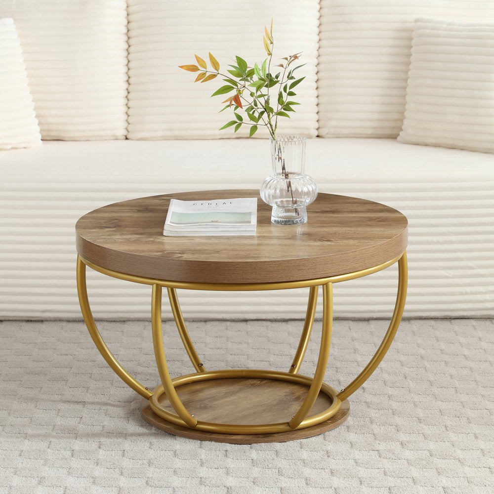 English Elm 31" Round Industrial Coffee Table Wood Grain Veneer Top Two Tier Open Shelf Living Room Golden W1117P414752