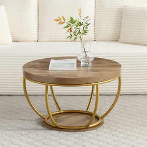 English Elm 31" Round Industrial Coffee Table Wood Grain Veneer Top Two Tier Open Shelf Living Room Golden W1117P414752