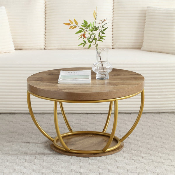 English Elm 31" Round Industrial Coffee Table Wood Grain Veneer Top Two Tier Open Shelf Living Room Golden W1117P414752