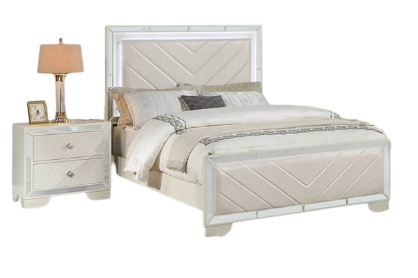 English Elm Contemporary Faux Leather Eastern King Bed Built in Led Lighting Triangle Tufted Panel B011S02085