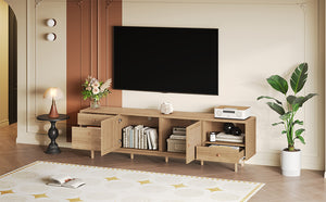 English Elm Boho Natural Rattan TV Stand for Up to 85" TVs, 3 Drawers + Cabinets & Open Shelves, Modern Wood console with organic texture and sturdy 110 lb capacity N710P339452P