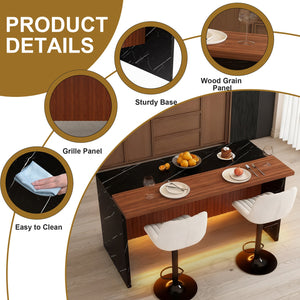 English Elm 63" Contemporary Kitchen Island Set With Beige Bar Stools, Led Lighting & Stylish Black Marble Top W2699S00073