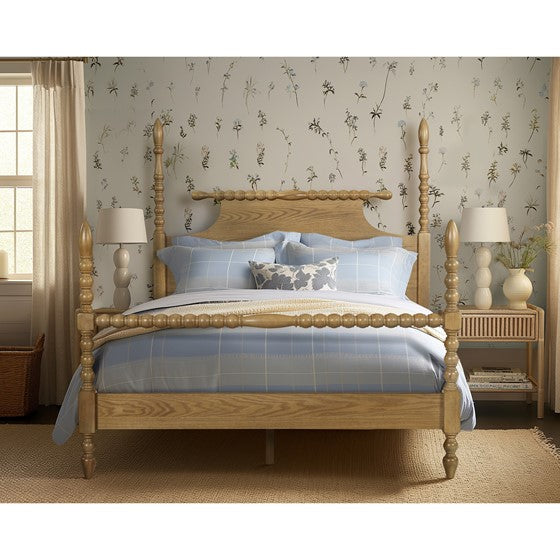 English Elm Bed Natural Queen Solid Wood Camel Oak Platform Bed with Turned Legs, 500lb Capacity, Queen Size B035S00063