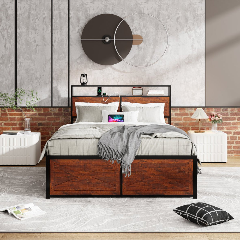 English Elm Queen Metal Platform Bed with 12 Storage Drawers Bookcase Headboard and Rgb Lighting W636S00010
