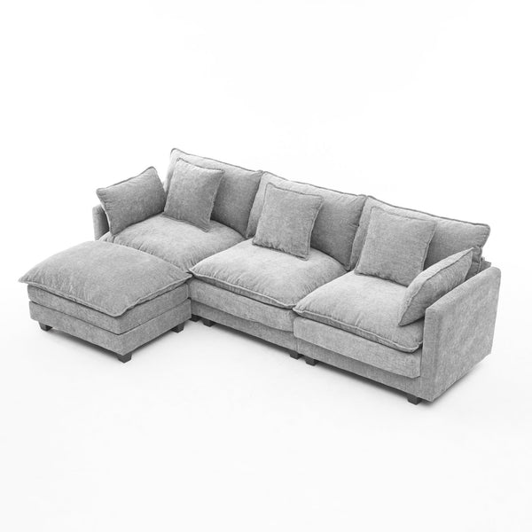 English Elm Beige Chenille Sectional Sofa with Modular Ottoman for Living Room or Studio Gray W2603S00008