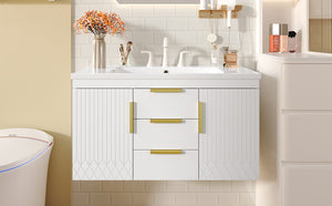 English Elm 36'' Wall Mounted Bathroom Vanity with Sink, Floating MDF Cabinet, 2 Drawers, Rust-Resistant Handles White N710P253035K