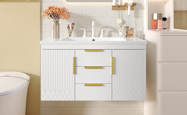 English Elm 36'' Wall Mounted Bathroom Vanity with Sink, Floating MDF Cabinet, 2 Drawers, Rust-Resistant Handles White N710P253035K