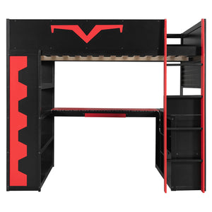 English Elm Full Size Gaming Loft Bed with Desk Rgb Lighting Power Outlet and Storage Drawer Red LT000285AAJ