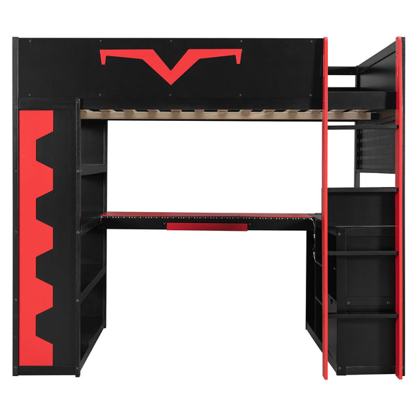 English Elm Full Size Gaming Loft Bed with Desk Rgb Lighting Power Outlet and Storage Drawer Red LT000285AAJ