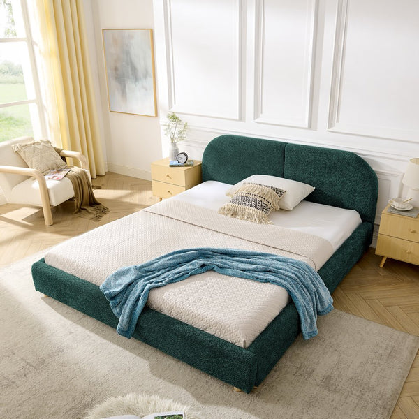 English Elm Queen Upholstered Bed with Tall Curved Headboard Soft Textured Fabric Modern Bedroom Green W487S00482