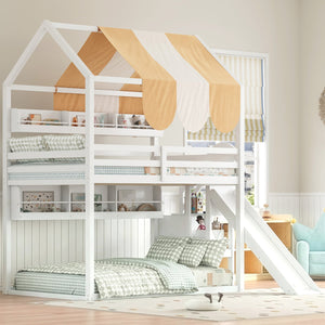 English Elm Full Size Wood Loft Bed with Canopy Slide and Built in Bookshelves for Kids White N7090005021K